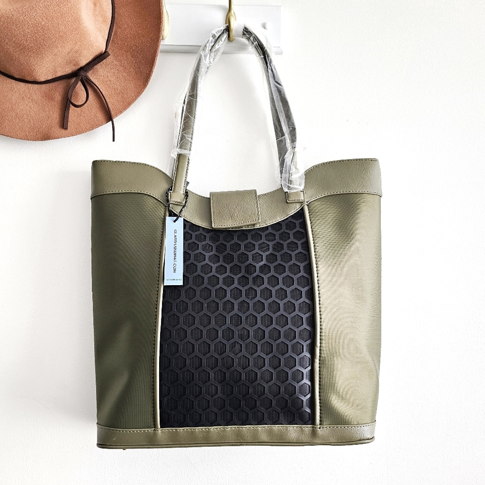NWT Glass Handbag Khaki Glow Tote Olive Green Handbag Shoulder Laser Cut Bag